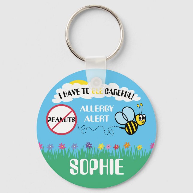 Bee Careful Peanut Allergy Alert Kids Personalized Nyckelring (Framsida)