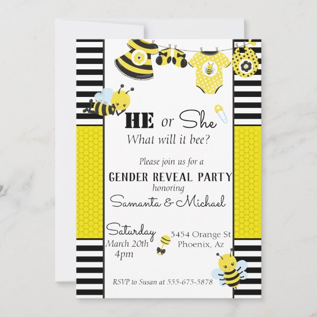 Bee Cute Honeycomb Gender Baby Reveal Party Inbjudningar (Framsida)