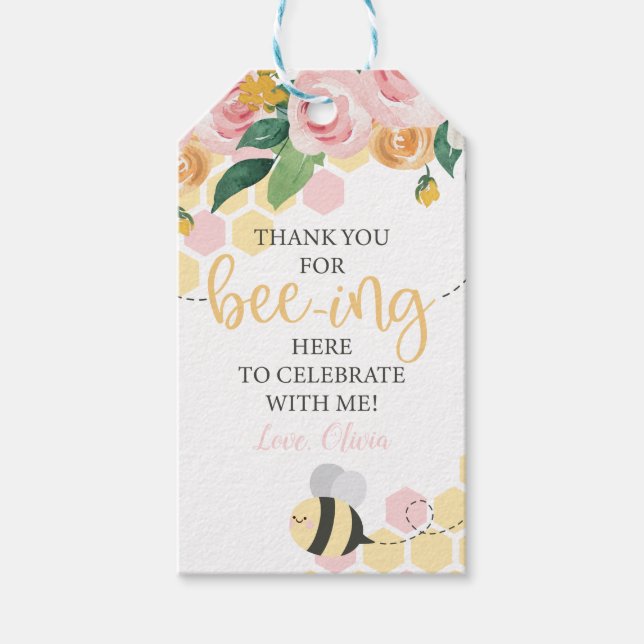 Bee Dag 1:a födelsedag blommig rosa tack förmån Presentetikett (Framsidan)