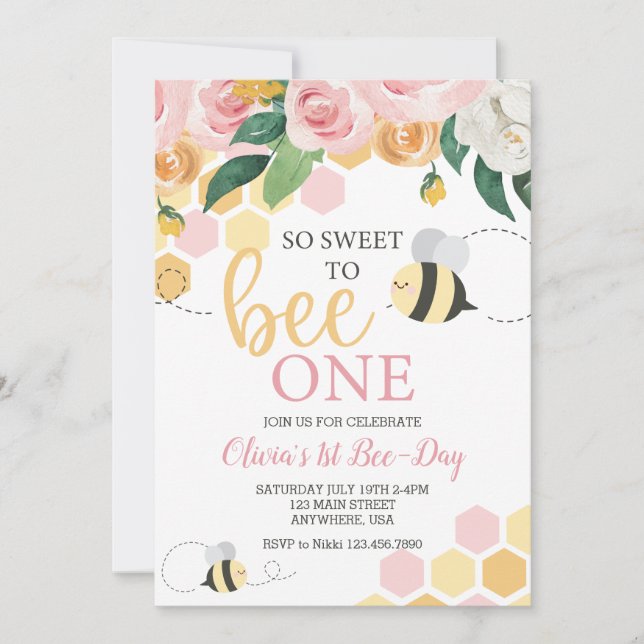 Bee Day humla 1-års födelsedag rosa blommig Inbjudningar (Framsida)