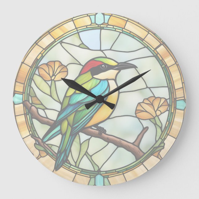 Bee eater Bird Faux-målad glasfärgad fågel Stor Klocka (Framsida)