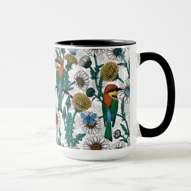 Bee-eaters, blue butterflies and daisies on white mugg (Höger)