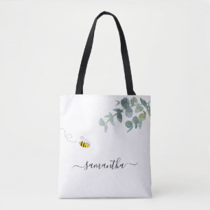 Bee eucalyptus greenery white namn-skript söt tygkasse