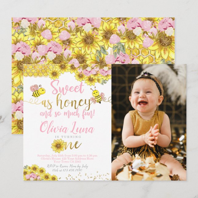 Bee First Birthday Inbjudningar (Fram/baksida)