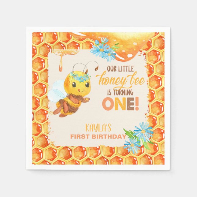 Bee First Birthday Napkin - Girl - Anpassningsbar Pappersservett (Framsidan)