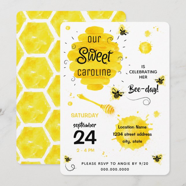 BEE Födelsedagsfest inbjudan honungsbidag gult (Fram/baksida)