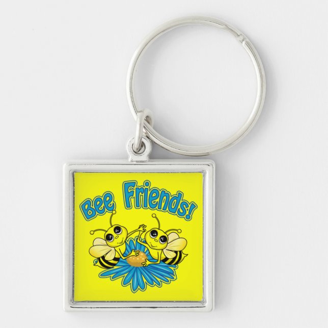 Bee Friends Fyrkantig Silverfärgad Nyckelring (Framsidan)