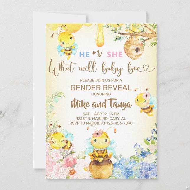 Bee gender reveal invite, bumblebee, honeybee. inbjudningar (Framsida)
