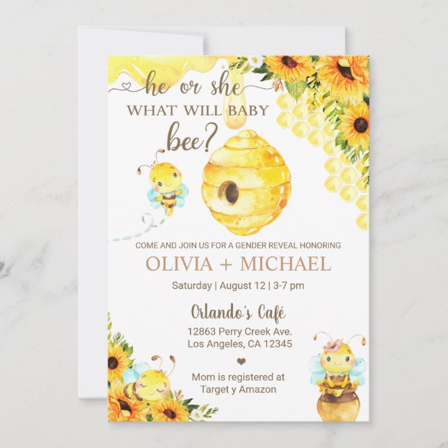 Bee gender reveal invite, bumblebee, honeybee. inbjudningar (Framsida)