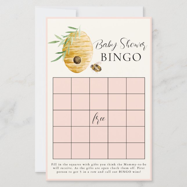 Bee Girl Baby Shower Blush Pink Bingo Game Card (Framsida)