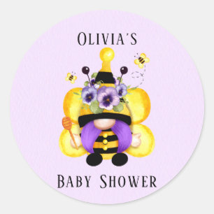 Bee Gnome Lila Gult Baby Shower Runt Klistermärke