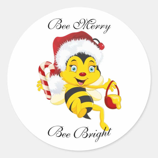Bee God jul Tecknad Runt Klistermärke (Framsida)