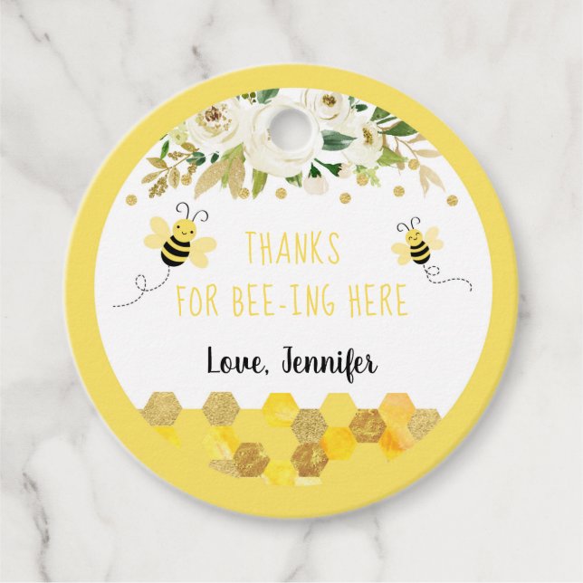 Bee Guld Blommigt Kön Neutral babystötare Gåvor Etiketter (Framsida)