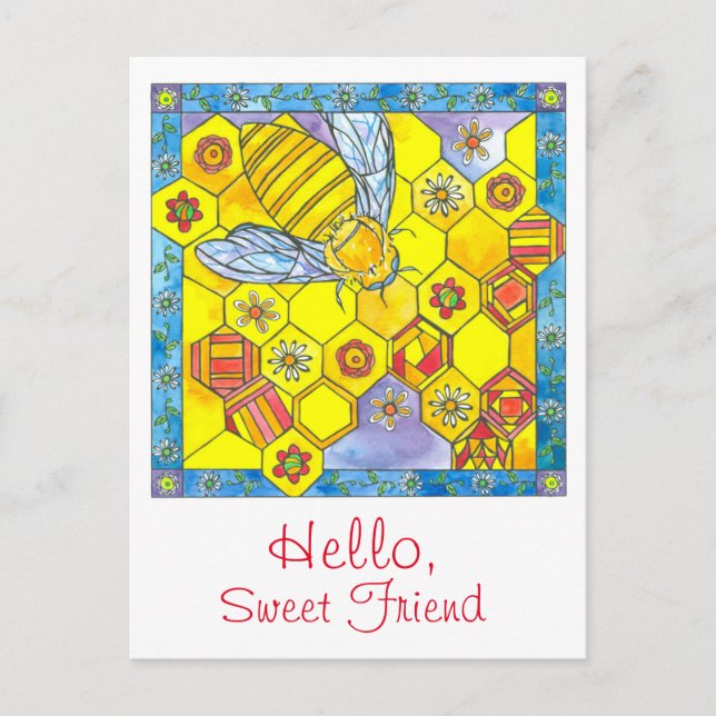 Bee Honeycomb Daisy Flowers Hej Sweet Friend Vykort (Framsida)