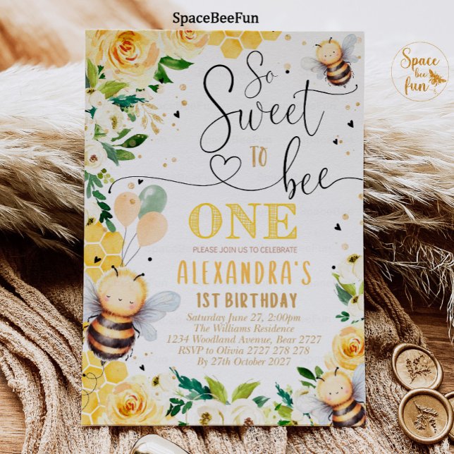 Bee Honung Birthday bjuder in så sötat till Bee Inbjudningar (Bee Honey Birthday invitatiin So Sweet to Bee invites Bee Honey Party Pink One birthday invite )