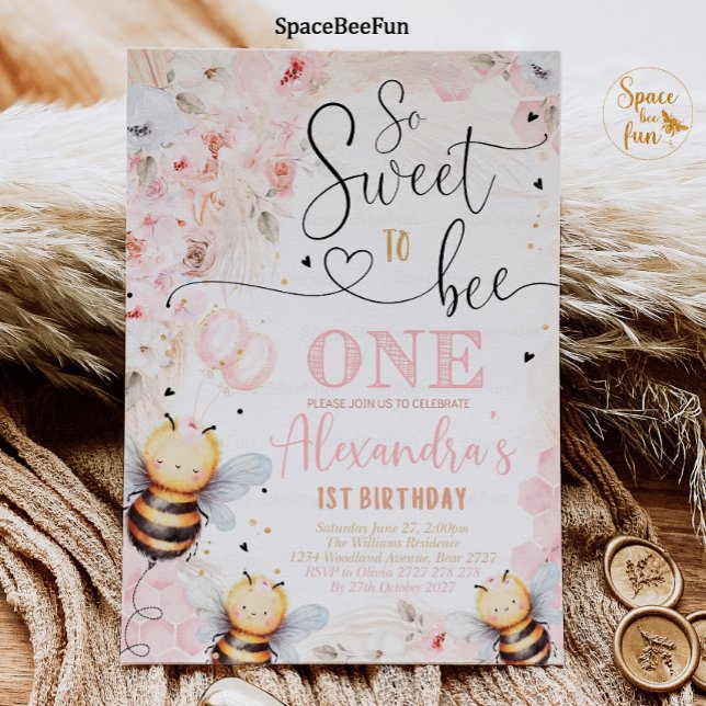 Bee Honung Birthday inbjudan Girl Bee Honung Party (Bee Honey Birthday invitation Boho Pampas Grass Girl Bee Honey Party Pink So Sweet to Bee invites On)