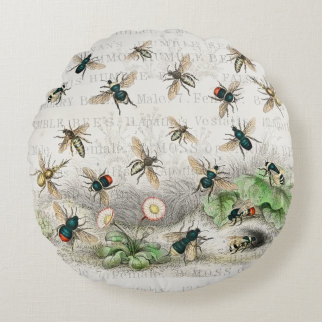 Bee Honung Worker Queen Bees Antique Rund Kudde (Framsidan)