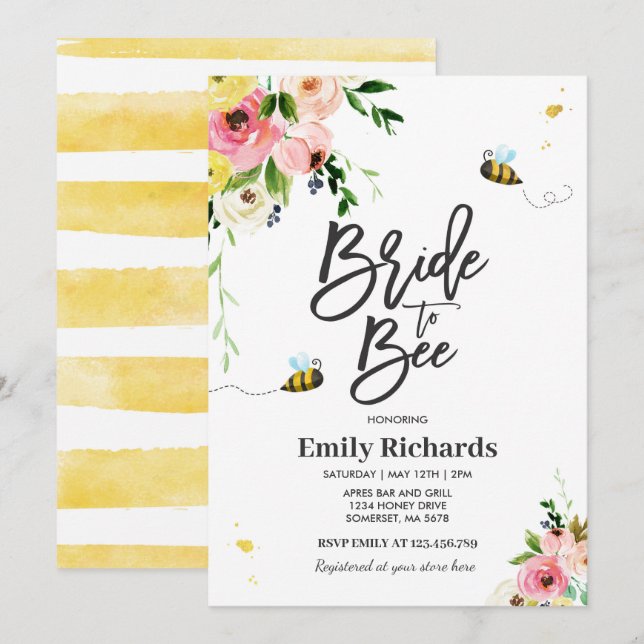 Bee Inbjudningskort för möhippan Blommigt Bride to (Fram/baksida)