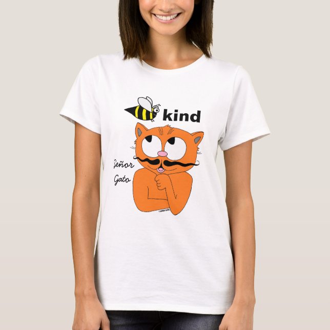 Bee Kind (be snäll) Tecknad Mustache Cat t shirt (Framsida)