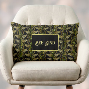 Bee Kind Elegant Guld och Black Bee Mönster Lumbarkudde