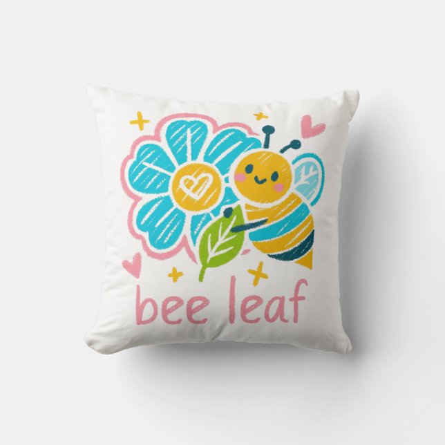 Bee Leaf' Crayon Art: Happy Bumblebee Animal Lover Kudde (Framsida)