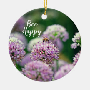 Bee Lycklig-årsdag med Lila Allium Flower Julgransprydnad Keramik