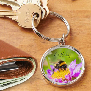 Bee Lycklig Bumblebee Rund Silverfärgad Nyckelring