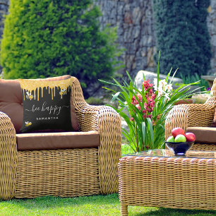 Bee lycklig humla glitter svarta guld monogram kudde