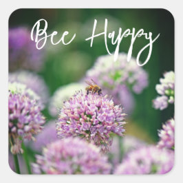Bee Lycklig med Lila Allium Flower Motivering Fyrkantigt Klistermärke