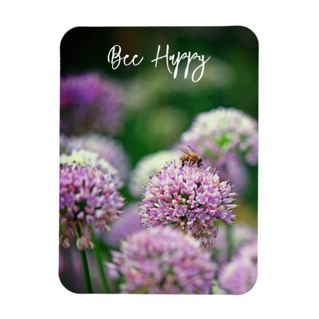 Bee Lycklig med Lila Allium Flower Motivering Magnet (Vertikal)