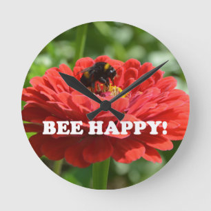 Bee Lycklig Red Flower Rund Klocka