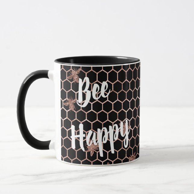 Bee Lycklig Ro Guld och Black Honeycomb Mugg (Vänster)