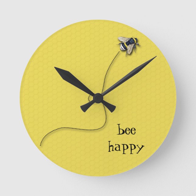 Bee Lycklig Roligt Gult Bee Wall Clock Rund Klocka (Framsida)