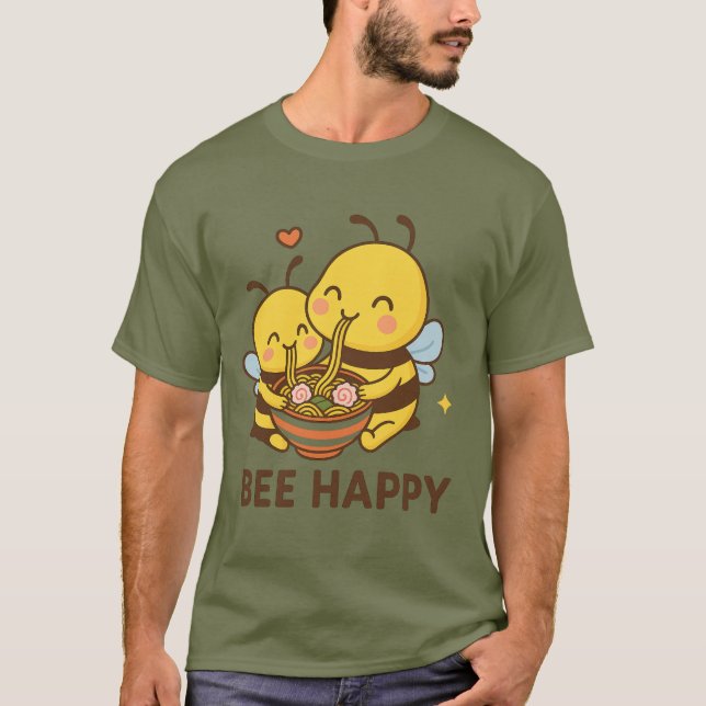 Bee Lycklig Sticker - Cute Bees Sharing Ramen" T Shirt (Framsida)