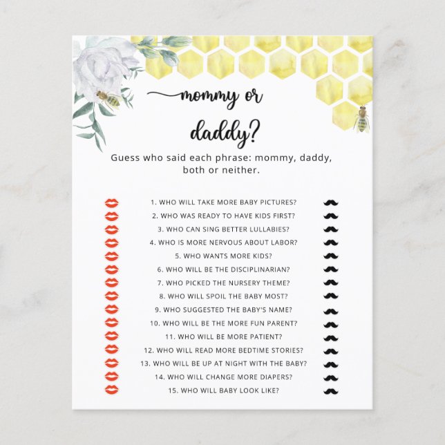 BEE mamma eller pappa baby shower spel (Framsida)