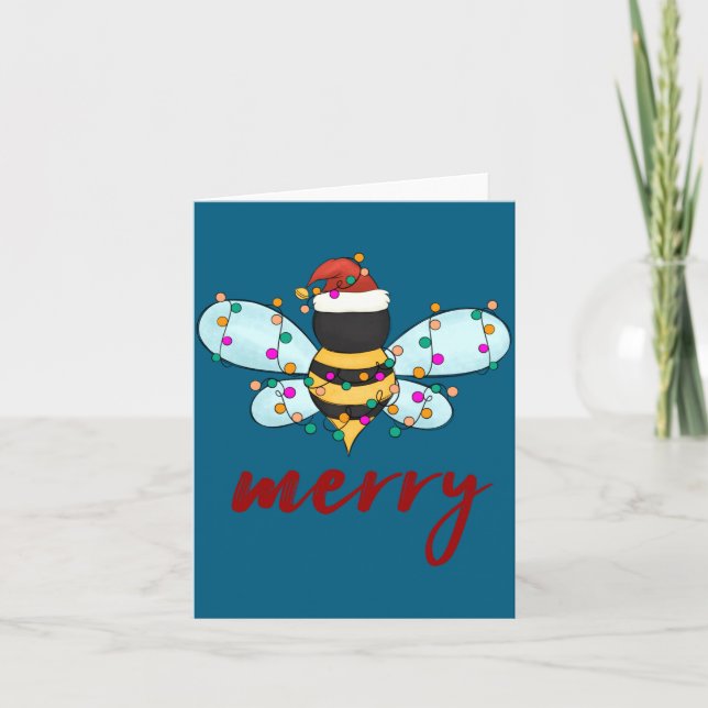 Bee Merry Christmas Bee In Santa Hat Cute Merry Xm Kort (Framsida)