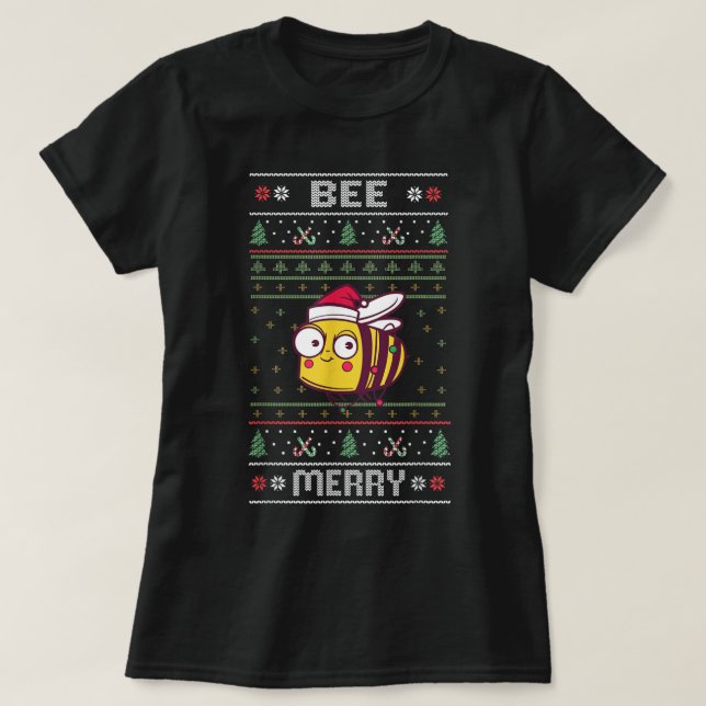 Bee Merry - Funny Bee Ugly jul T Shirt (Design framsida)