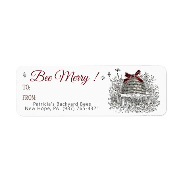 Bee Merry Honung Gift-etikett Red Bow Skep jul Returadress Etikett (Framsidan)
