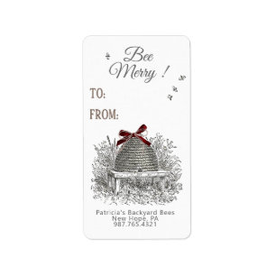 Bee Merry Honung Gift-etiketten Red Bow på Skep Adressetikett