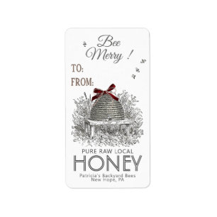Bee Merry Honung Gift-etiketten Red Bow på Skep Adressetikett