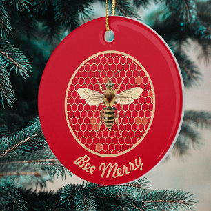 Bee Merry-Royalet Bee and Honeycomb on Red Julgransprydnad Keramik