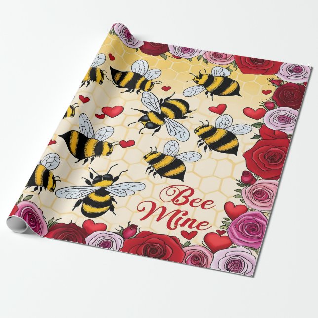 Bee Mine Blommigt Kärlek Ram Presentpapper (Utrullad)
