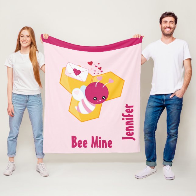 Bee Mine Cute Bee med Rosa Valentine Hearts Fleecefilt (På plats)