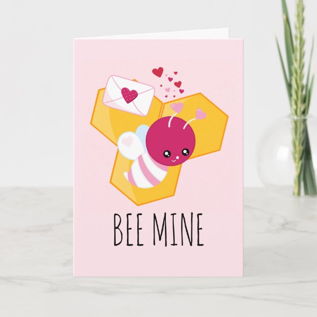 Bee Mine Cute Bee med Rosa Valentine Hearts Kort (Framsida)