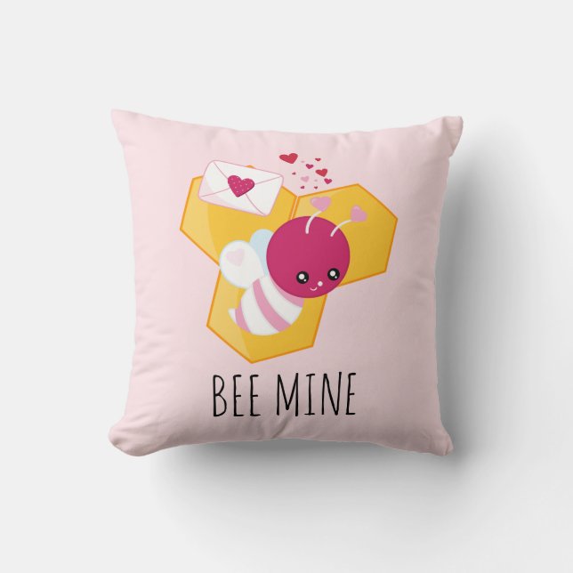 Bee Mine Cute Bee med Rosa Valentine Hearts Kudde (Framsida)