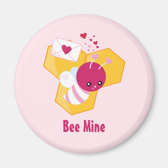 Bee Mine Cute Bee med Rosa Valentine Hearts Magnet (Framsidan)