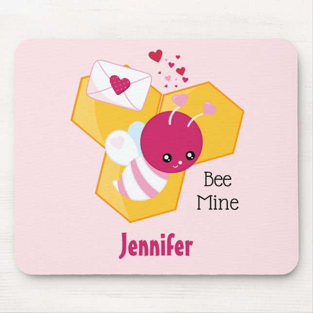 Bee Mine Cute Bee med Rosa Valentine Hearts Musmatta (Framsidan)