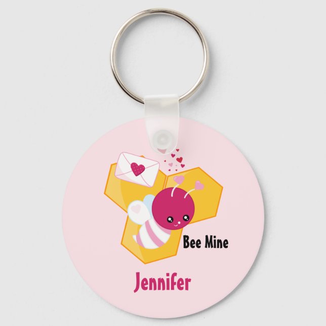 Bee Mine Cute Bee med Rosa Valentine Hearts Nyckelring (Framsida)