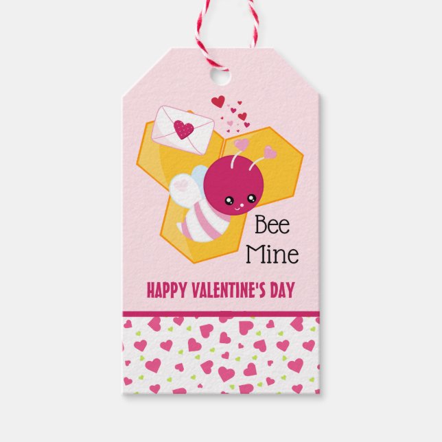 Bee Mine Cute Bee med Rosa Valentine Hearts Presentetikett (Framsidan)