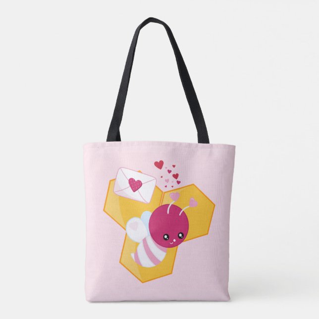 Bee Mine Cute Bee med Rosa Valentine Hearts Tygkasse (Baksida)